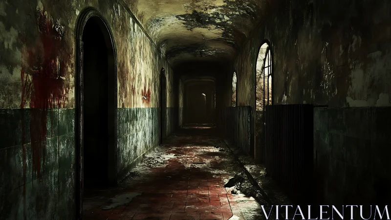 Long decayed corridor with stained walls and broken floor