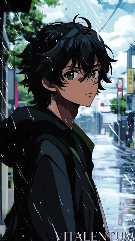 Green eyed anime boy walking alone on rainy city street.