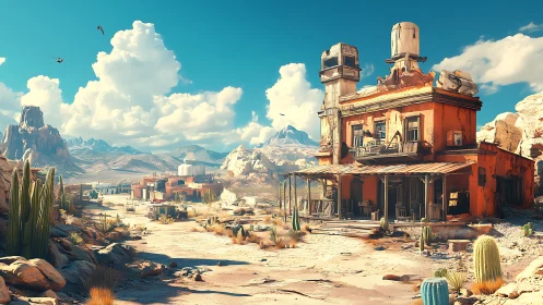 Sunlit desert frontier town rendered in detailed digital painting