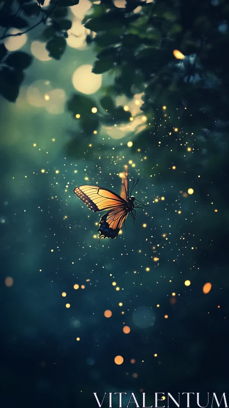 Orange butterfly glows amid teal forest bokeh lights.