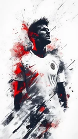Explosive portrait of soccer player in red and monochrome burst.