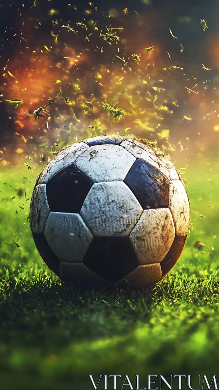 Grass-sparked soccer ball pauses mid-chaos on blazing turf