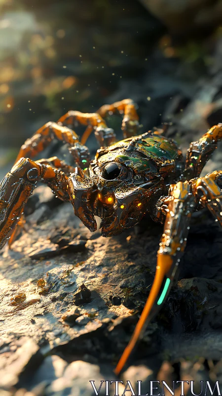 Bio-mechanical spider drone advances across sunlit rocky terrain
