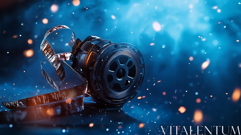 Film reel and unspooled 35mm celluloid strip with volumetric lighting and particle effects
