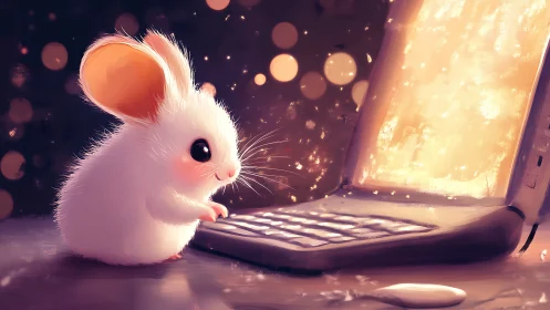 Tiny night-owl mouse typing beside a glowing laptop screen.