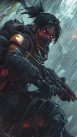 Cybernetic sniper crouches under neon rain in battle-ready pose.