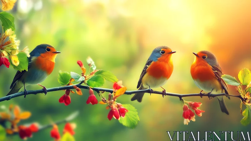 Three Colorful Robins on a Blossoming Branch, Soft Spring Light.