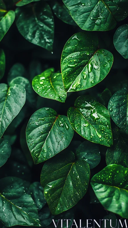 Raindrop-kissed jungle leaves glowing in rich green calm.