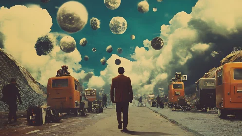 Wanderer beneath drifting moons on retro-futurist street.