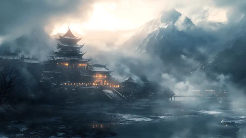 Lantern citadel breathing light into a stormy mountain hush.