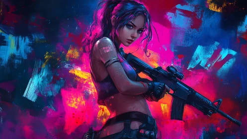 Chromatic cyber-mercenary with rifle in neon-saturated field.