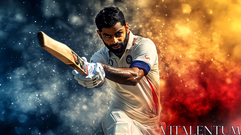 Cricket batsman drives ball through explosive color clouds