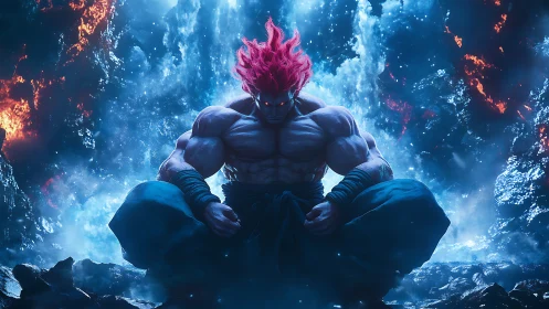 Inferno-haired warrior meditating in a storm of blue fire.