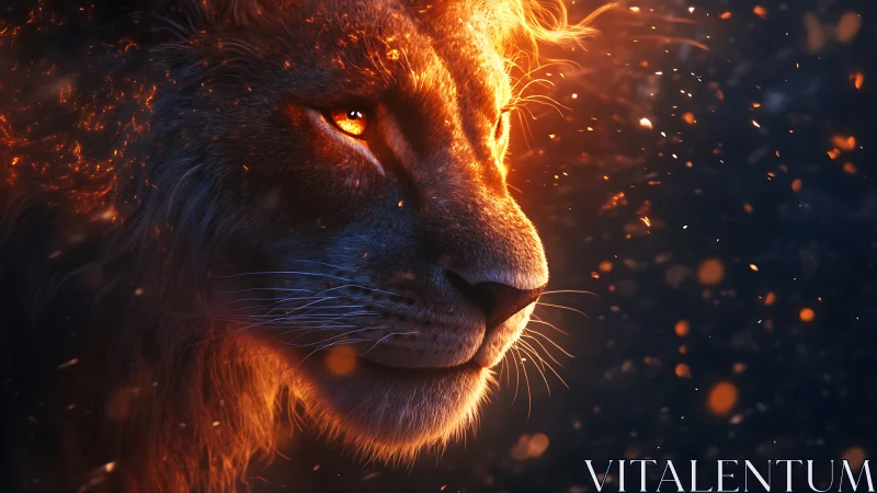 Lion profile in glowing embers and warm orange light.