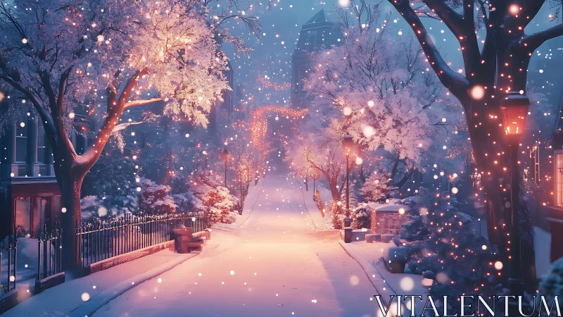 Snow covered city street with warm lamppost lighting at dusk.