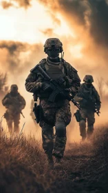 Modern infantry squad advancing through dusty sunset field