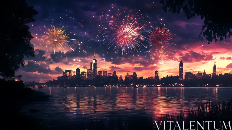 City skyline fireworks over river at vivid twilight.