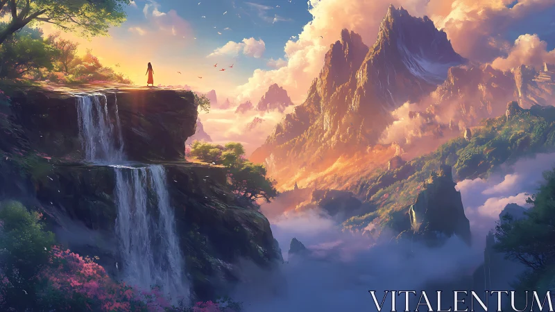 Solitary figure gazes over sunlit waterfalls and vast peaks.