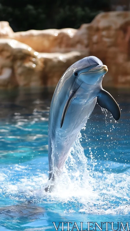 Bottlenose dolphin leaps vertically from bright blue pool