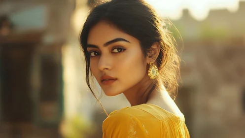 Sunlit gaze of a golden-hour muse in quiet city streets.