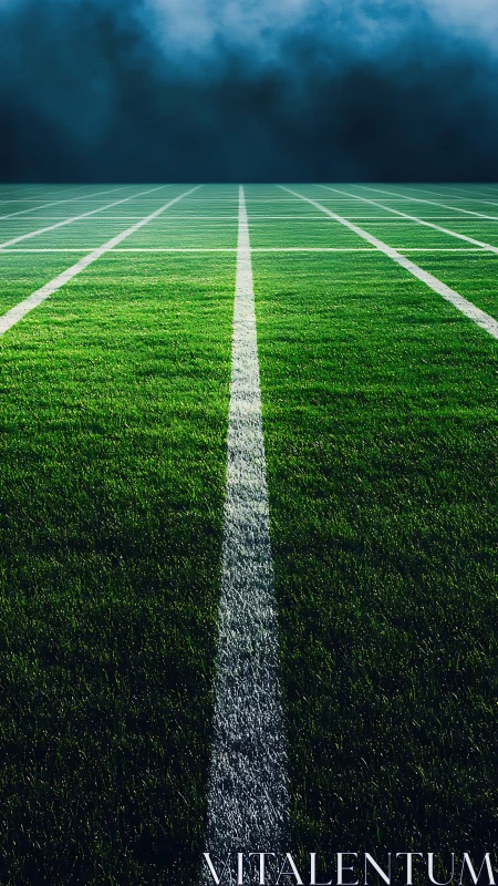 Football field yard lines vanish into dramatic stadium fog.