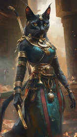 Regal feline goddess warrior in ornate Egyptian armor.