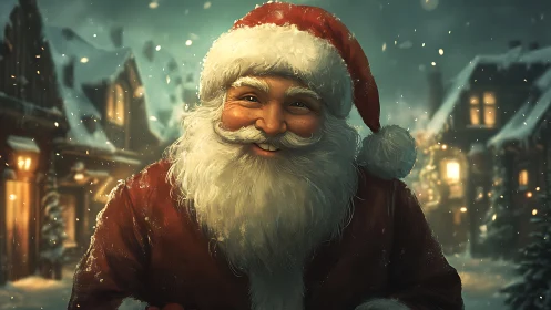 Smiling Santa stands in snowy village street at night