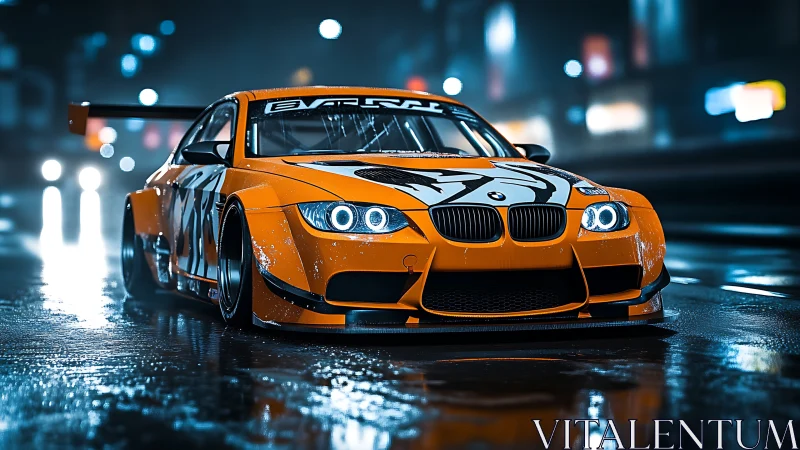 Neon-streaked orange race beast prowling a midnight city street.