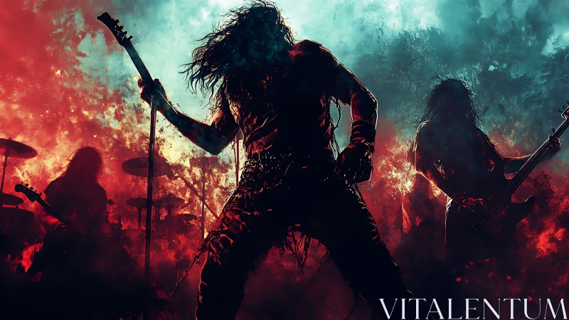 Digital painting of metal band silhouettes in infernal backlight.