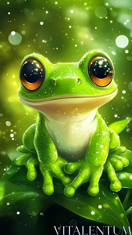 Bright-eyed green frog rests on dewy leaves in soft light