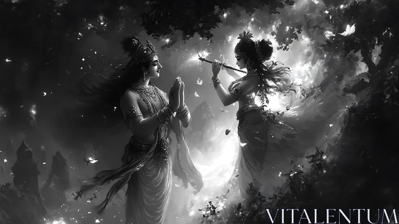 Divine monochrome dance with flute under swirling light.