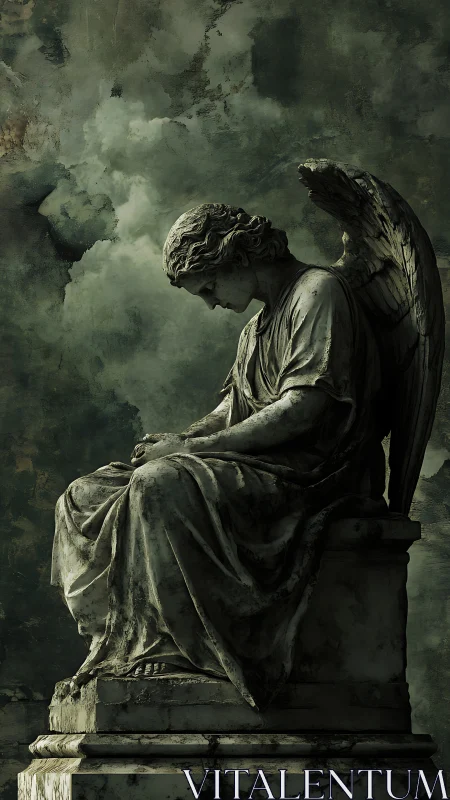 Somber stone angel rests in brooding, storm-darkened sky