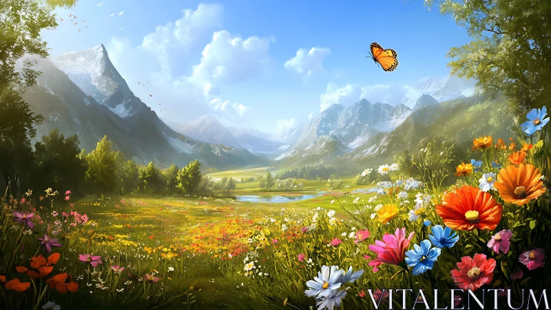 Wide-angle alpine meadow panorama with saturated floral foreground