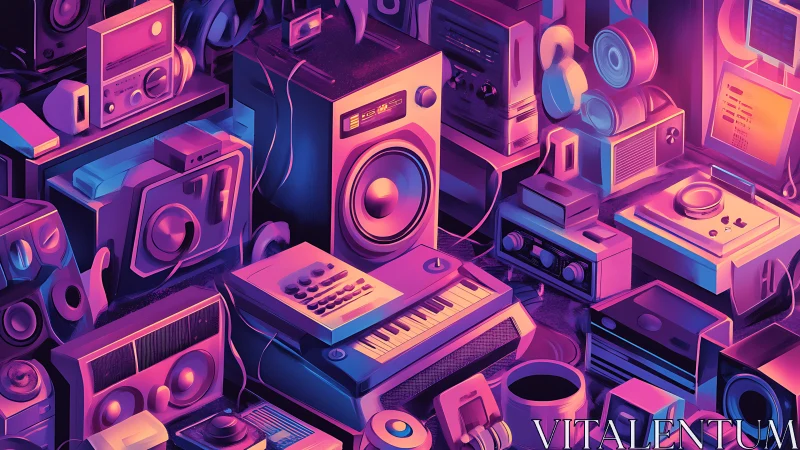 Retro audio studio hardware in neon purple gradient glow.