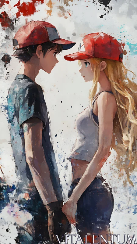 Two anime teens stand face to face holding hands calmly