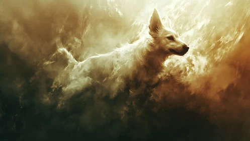 Celestial ember hound emerging from swirling golden clouds.