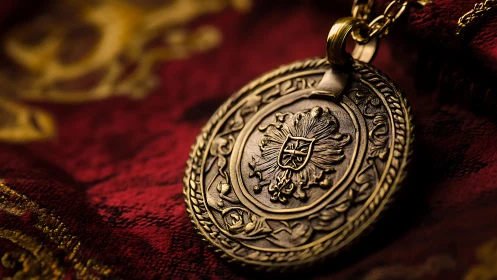Ornate bronze medallion rests on rich crimson velvet fabric.