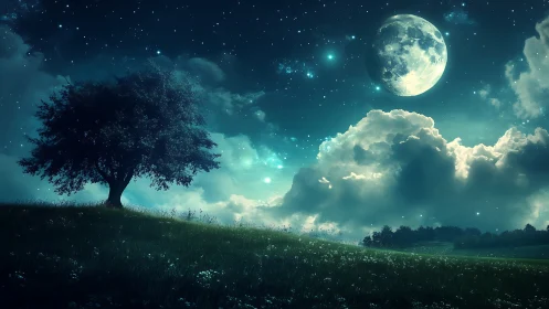 Lone hillside tree under oversized moonlit nebular sky