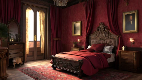 Opulent red bedroom shows ornate carved bed and warm daylight