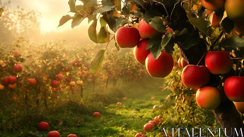 Sunlit Orchard Reverie with Dewy Morning Apples Glow.