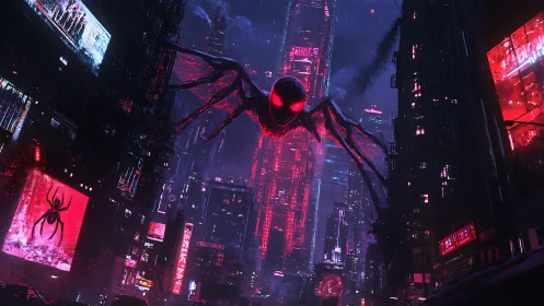 Giant spider drone hovers over neon cyberpunk city street