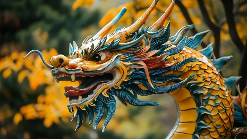 Ornate Chinese dragon sculpture amid soft autumn bokeh