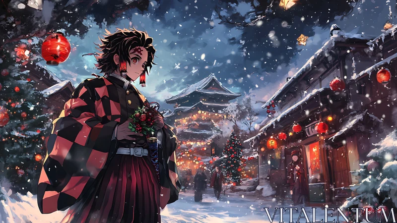 Anime swordsman walks through festive snowy village lights