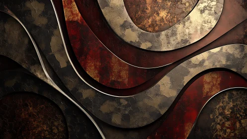 Layered metallic curves with distressed red textures.