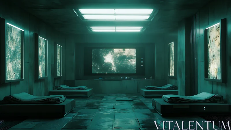 Futuristic dormitory interior uses teal volumetric lighting and steel
