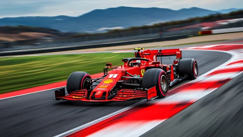 Red Formula race car on modern circuit corner in motion.