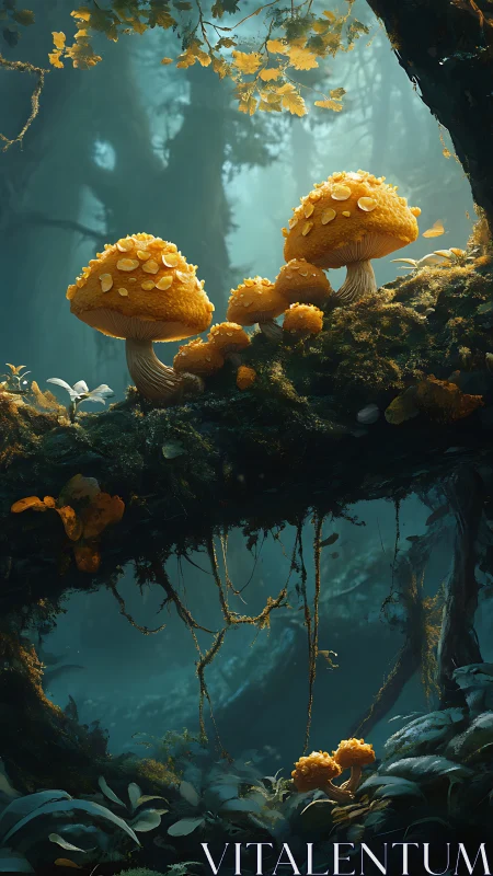 Golden mushrooms on mossy log in misty forest light.