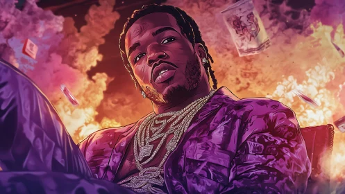 Lavish rap king reclines before blazing neon explosions.