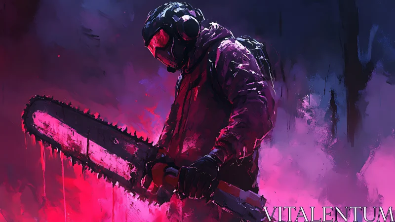 Neon chainsaw warrior standing in a haze of electric color.