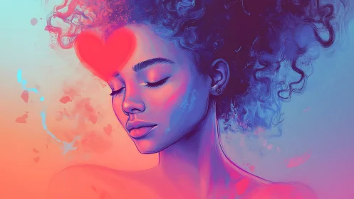 Woman with Heart: Abstract Digital Portrait in Neon Hues.